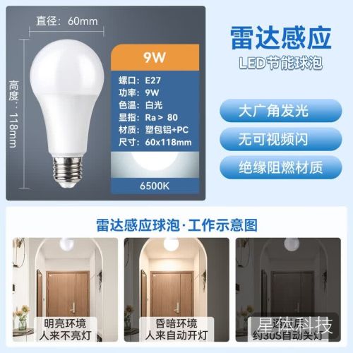 雷士(NVC)LED灯泡雷达感应球泡E27螺口光源物业楼道感应灯泡 9W正白光E27